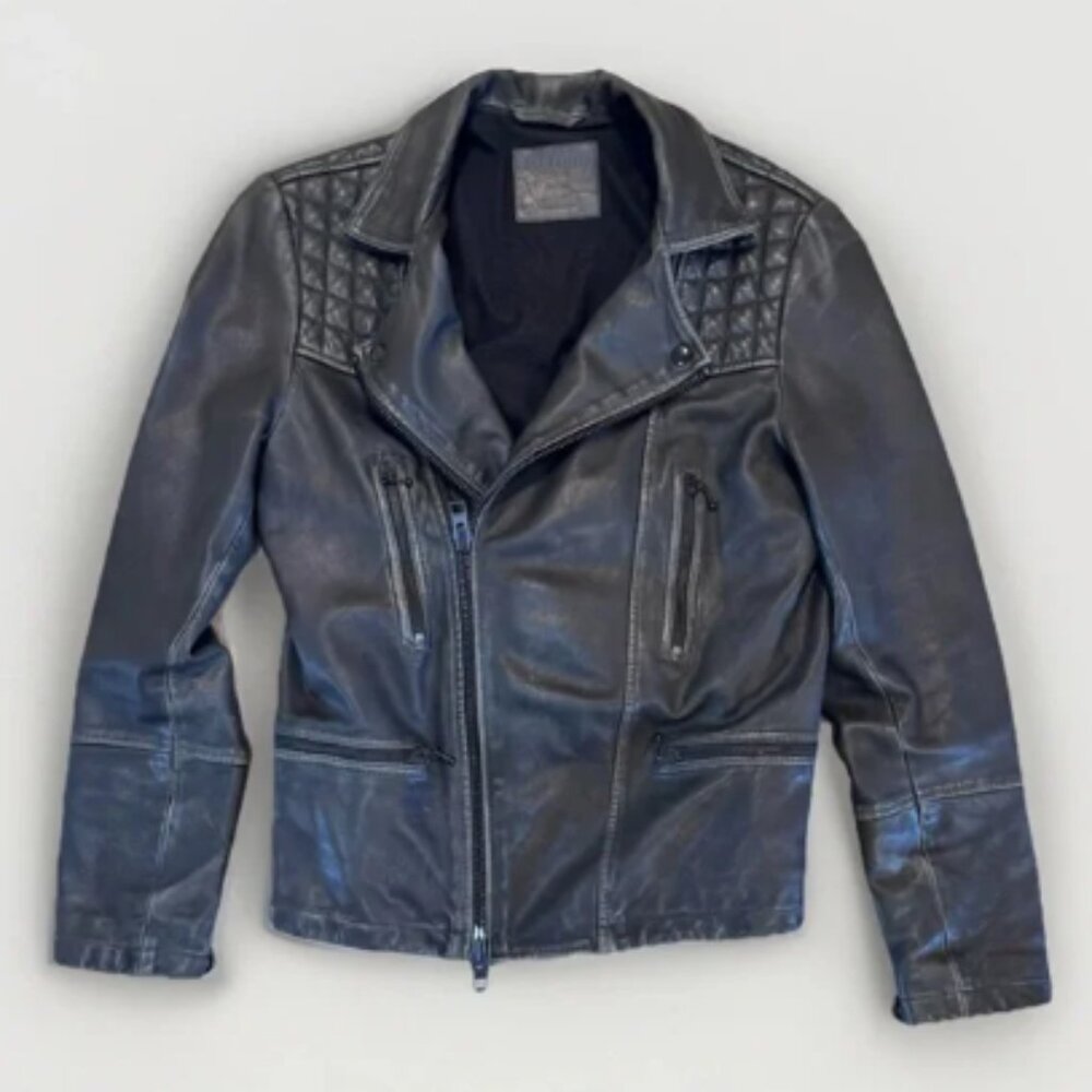 All Saints Mens Leather Jacket CARGO BIKER Black Distressed Sz S Moto City Edgy